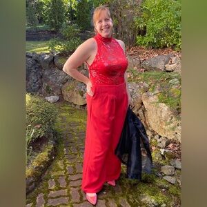 Coral Red High-Neck Sleeveless Jumpsuit